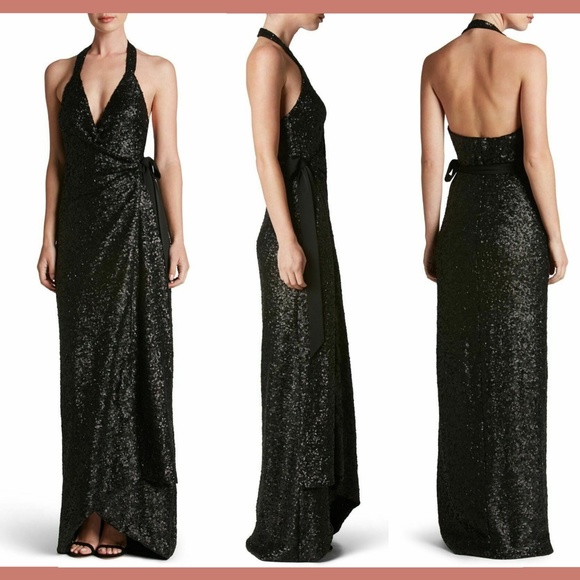 NWT $308 Dress the Population Giselle Sequin Wrap Gown Black [SZ‎ Medium ] - Picture 1 of 8